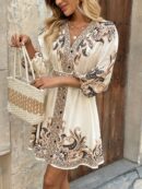Vestido Casual Estampado con Cintura Alta y Manga Linterna