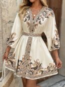 Vestido Casual Estampado con Cintura Alta y Manga Linterna