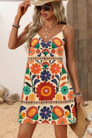 Vestido Mini Casual con Estampado Floral y Tirantes Espaguetis