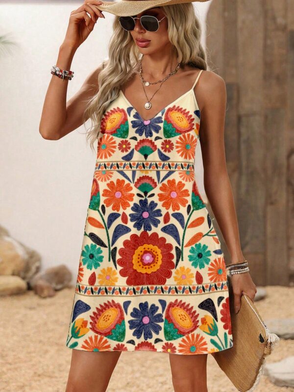 Vestido Mini Casual con Estampado Floral y Tirantes Espaguetis
