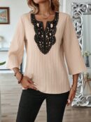 Blusa Casual de Manga Tres Cuartos en Color Sólido con Cuello V