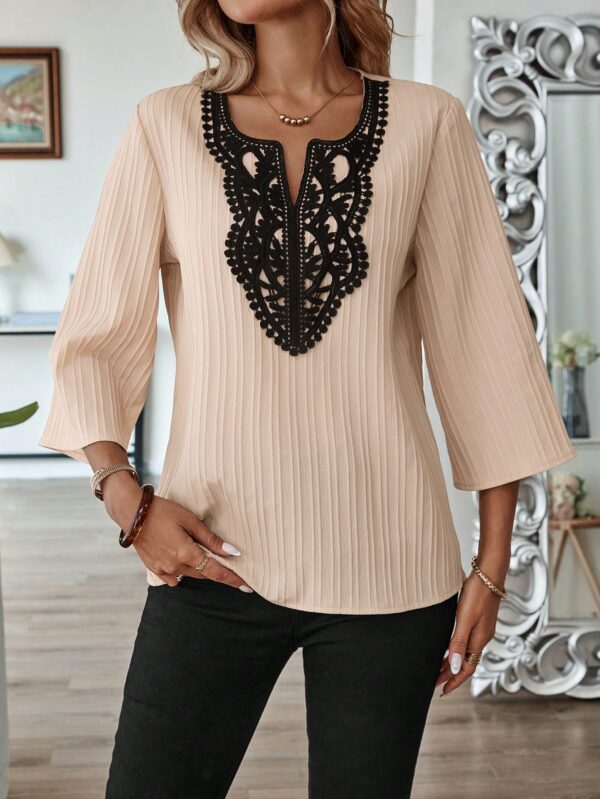 Blusa Casual de Manga Tres Cuartos en Color Sólido con Cuello V - Image 38