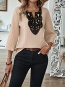 Blusa Casual de Manga Tres Cuartos en Color Sólido con Cuello V