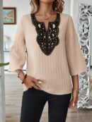 Blusa Casual de Manga Tres Cuartos en Color Sólido con Cuello V