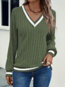 Sudadera Casual de Cuello V con Textura Acanalada y Manga Larga