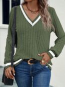 Sudadera Casual de Cuello V con Textura Acanalada y Manga Larga