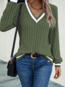 Sudadera Casual de Cuello V con Textura Acanalada y Manga Larga