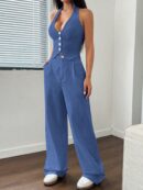 Set de 2 Piezas Boho: Chaleco con Lazo al Cuello y Pantalón Recto