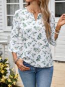 Blusa Casual de Manga Tres Cuartos en Color Sólido con Cuello V