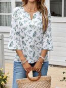 Blusa Casual de Manga Tres Cuartos en Color Sólido con Cuello V