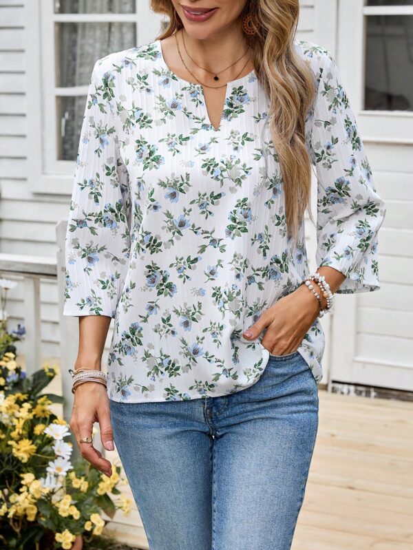 Blusa Casual de Manga Tres Cuartos en Color Sólido con Cuello V - Image 21