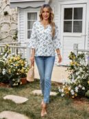 Blusa Casual de Manga Tres Cuartos en Color Sólido con Cuello V