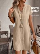 Vestido Mini Casual de Manga Corta con Botones Frontales