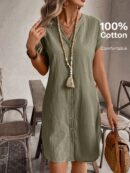 Vestido Mini Casual de Manga Corta con Botones Frontales
