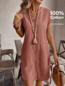 Vestido Mini Casual de Manga Corta con Botones Frontales