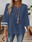 Blusa Casual de Manga Tres Cuartos en Color Sólido con Cuello V