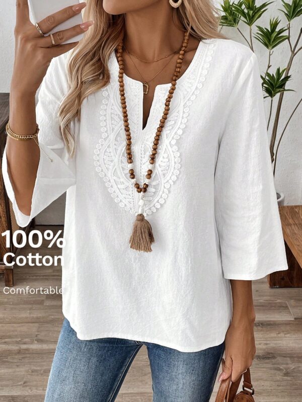 Blusa Casual de Manga Tres Cuartos en Color Sólido con Cuello V - Image 10