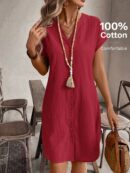 Vestido Mini Casual de Manga Corta con Botones Frontales