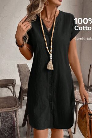 Vestido Mini Casual de Manga Corta con Botones Frontales