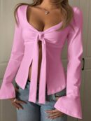 Top Casual de Manga Larga con Cuello de Estrás y Color Sólido