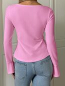 Top Casual de Manga Larga con Cuello de Estrás y Color Sólido