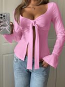 Top Casual de Manga Larga con Cuello de Estrás y Color Sólido