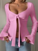 Top Casual de Manga Larga con Cuello de Estrás y Color Sólido