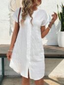 Vestido Mini Casual de Manga Corta con Botones Frontales