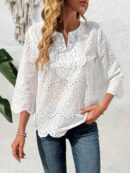 Blusa Casual de Manga Tres Cuartos en Color Sólido con Cuello V