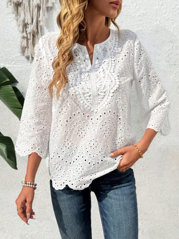 Blusa Casual de Manga Tres Cuartos en Color Sólido con Cuello V - Image 23