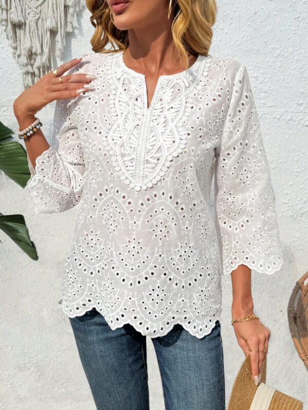 Blusa Casual de Manga Tres Cuartos en Color Sólido con Cuello V - Image 25