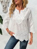 Blusa Casual de Manga Tres Cuartos en Color Sólido con Cuello V