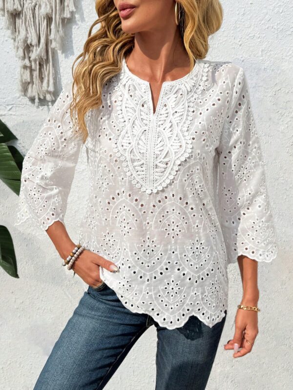 Blusa Casual de Manga Tres Cuartos en Color Sólido con Cuello V - Image 26