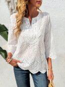 Blusa Casual de Manga Tres Cuartos en Color Sólido con Cuello V