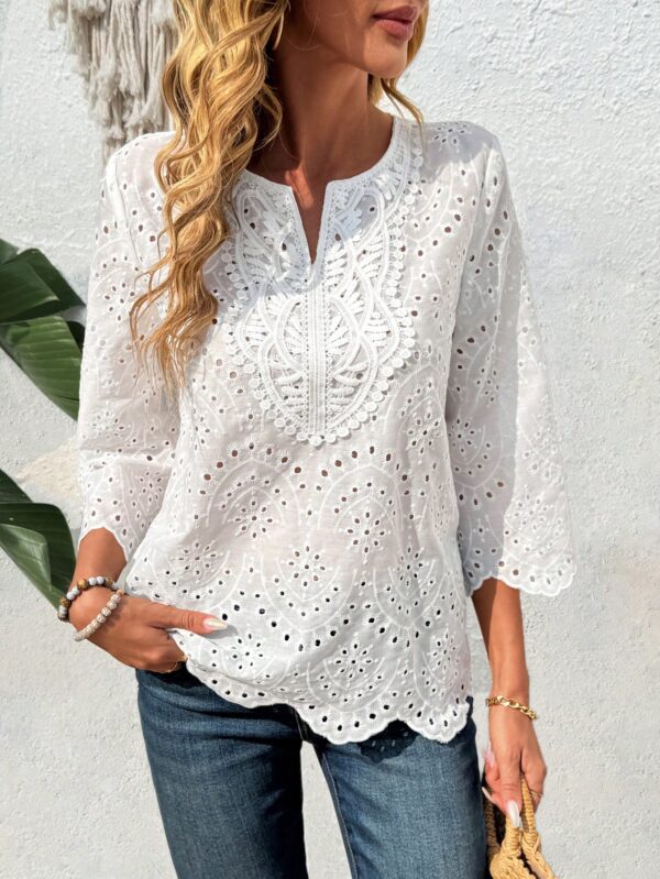 Blusa Casual de Manga Tres Cuartos en Color Sólido con Cuello V - Image 27