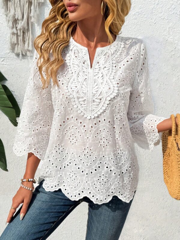 Blusa Casual de Manga Tres Cuartos en Color Sólido con Cuello V - Image 28
