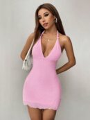 Vestido Amarillo de Malla Petite con Cuello Halter