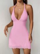 Vestido Amarillo de Malla Petite con Cuello Halter