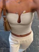 Top Corto Bustier de Verano, Escote U con Volantes y Espalda Descubierta