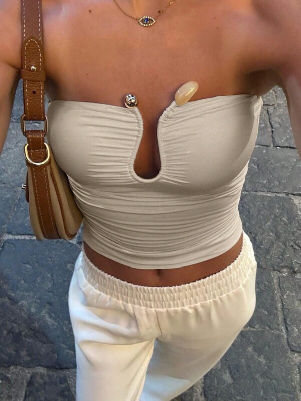 Top Corto Bustier de Verano, Escote U con Volantes y Espalda Descubierta