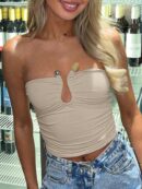 Top Corto Bustier de Verano, Escote U con Volantes y Espalda Descubierta