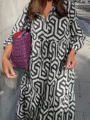 Vestido Camisero con Estampado Geométrico y Manga Larga