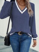 Sudadera Casual de Cuello V con Textura Acanalada y Manga Larga