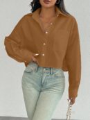 Camisa Casual Manga Larga con Bolsillo y Hombros Caídos