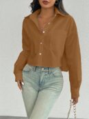 Camisa Casual Manga Larga con Bolsillo y Hombros Caídos