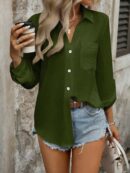 Camisa Casual Manga Larga con Botones Frontales y Bolsillo