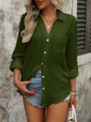 Camisa Casual Manga Larga con Botones Frontales y Bolsillo