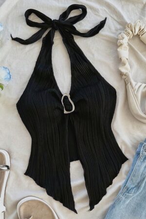 Camisola Negro Elegante con Hebilla Metálica y Dobladillo Asimétrico