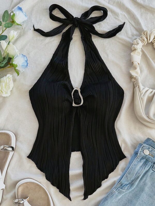 Camisola Negro Elegante con Hebilla Metálica y Dobladillo Asimétrico - Image 5