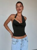 Top Asimétrico sin Espalda con Cuello Halter en Café